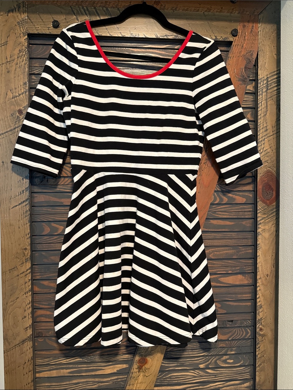 Express Black and White Striped Mini Dress with Red Trim